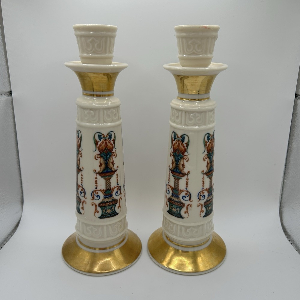 Pair Candlesticks Lenox China Lido Gold Accents Floral Pattern Vintage 8 1/8"